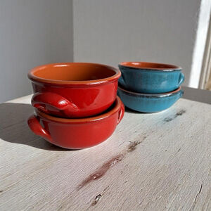 4 Bowls De Silva Soup Bowls Blue & Red Terra Cotta Glazed Handles Made In Italy
